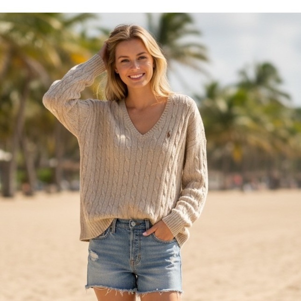 Polo by Ralph Lauren Beige Cable-Knit V-Neck Sweater